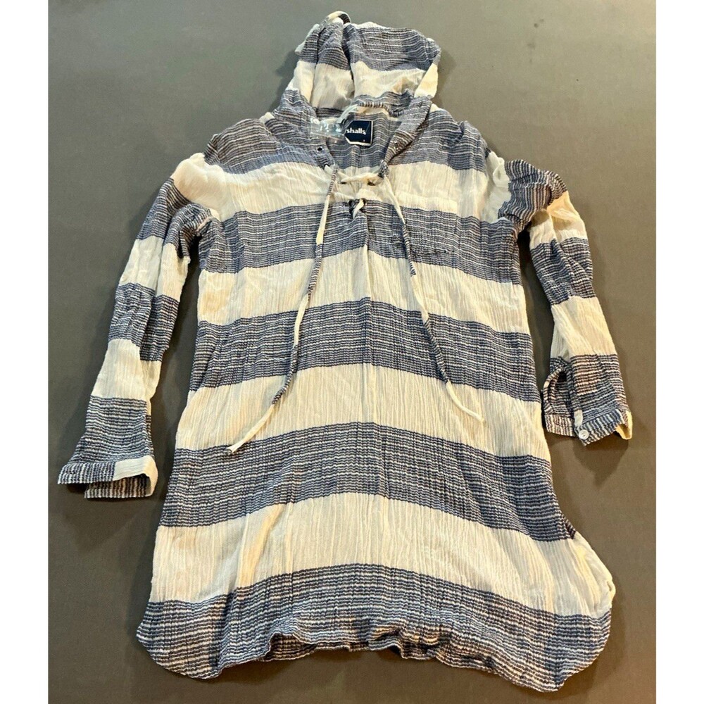 Blue Island Striped V-Neck Hooded Long Sleeve Pullover Top Blue White S